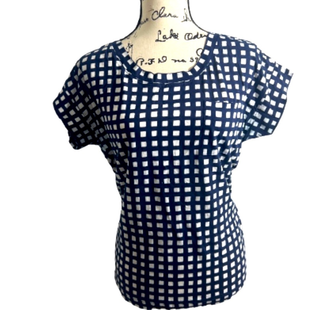 GAP Blue &  White Fitted Graphic T-Shirt Gingham Print Pocket Stretch Size Small